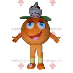 Gigantische oranje mascotte. Fruitige dessertmascotte -